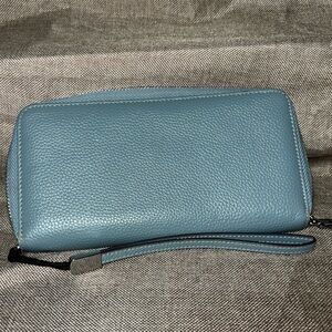 Lavemi RFID Blocking Leather Large Blue Zip Around Wallet Phone Holder Clutch